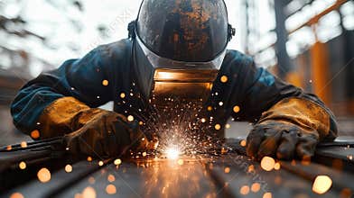 Skilled welder performing shielded metal arc welding with precision and safety gear