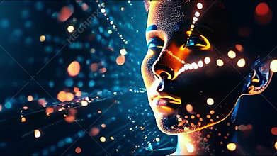 Visualization of big data flows from a digital human head. Information sci-fi and aesthetic design. Generative AI