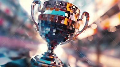 A detailed shot of a virtual trophy shimmering with pixels and representing the ultimate goal of the game. The