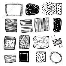 A doodle sketch style set of hand-drawn paper stickers, photo frames, and picture borders, with frames made of scribbles