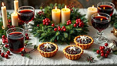 Mince pies with star crust on a festive table, surrounded by candles, red wine, and a wreath of
