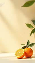 Orange slice with green leaves in sunlight. Fresh citrus fruit with vibrant, juicy, and zesty appeal