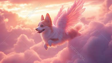Corgi with angel wings soaring through pink sunset clouds