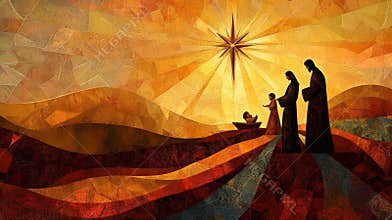 Abstract nativity scene with golden star and sunset hues