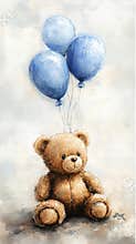 Cute watercolor teddy bear with blue balloons illustration