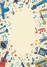 A simple doodle style poster background for a concert featuring musical notes, instruments, and a