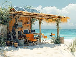 A digital artwork showcases a secluded, idyllic beach setting with a wooden shack, solar panels, and a desk setup for