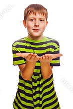 Boy child teenager blond open hand palm isolated