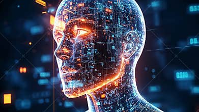 Futuristic AI humanoid head and shoulders, glowing with circuit board patterns against a digital background