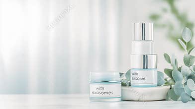 Elegant skincare display with exosome products in a minimalist setting for beauty and wellness promotion