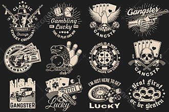 Set of bowling, gangster club and casino badge design. Vector illustration. Vintage monochrome label, sticker, patch