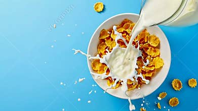 Corn flakes in bowl with milk pour.