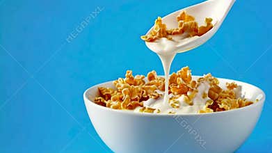 Corn flakes in bowl with spoon.