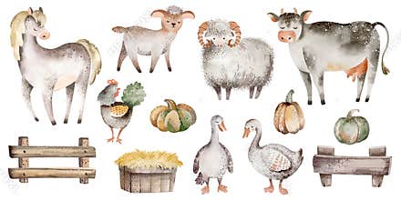 Watercolor clipart of cute farm animals.