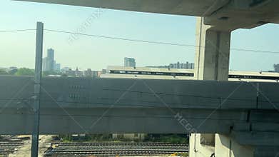 Sky train running on bridge with viewpoint background