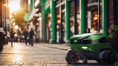 Green robot delivers food, innovation of autonomous delivery technology.