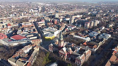 Areal view of Subotica city at sunset, Serbia, Europe. 4K.