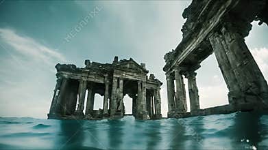Lost civilization of Atlantis deep in the ocean. Underwater ruins. Magic blue ocean with ancient antique ruins, deep sea