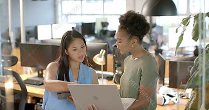 Young African American woman and biracial woman collaborate in a business office