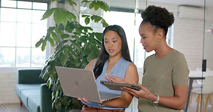 Biracial woman and young African American woman collaborate in a business office