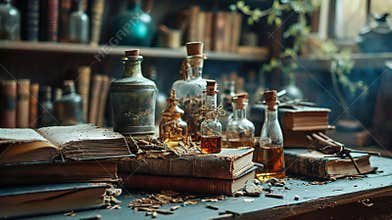 Potion in bottles and old books. Selective focus.