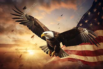 An epic image of a majestic bald eagle soaring through the sky with an American flag