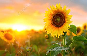 Large sunflower with yellow bright petals growing on farm plantation at sunset