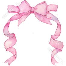 watercolor clipart, pink bow, wavy ribbon frame, Hand Drawn