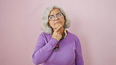 Inquisitive middle-aged woman, grey-haired and wearing glasses, stands absorbed in deep thought over a puzzling doubt, finger on