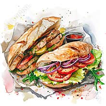 Greek food cartoon style watercolor illustration on white background