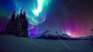 the mesmerizing display of the Aurora Borealis phenomenon as it illuminates the sky over a majestic snow-covered mountain range, A