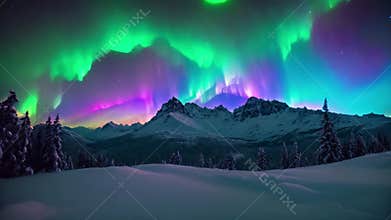 mesmerizing spectacle of the Aurora Borealis illuminating a majestic snowy mountain range with its vibrant colors and graceful