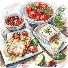 Greek food cartoon style watercolor illustration on white background