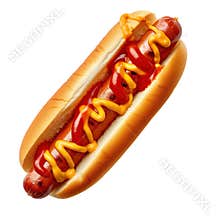 Hot dog isolated on a white or transparent background. A bun cut lengthwise with a milk sausage inside with ketchup and