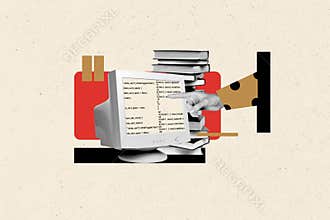 Creative poster collage of finger point computer monitor coding programming education studying weird freak bizarre