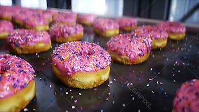 Donuts production line. Factory. Food concept. Realistic 4k animation.