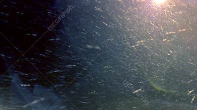 Snow falling down, sleet, snowflakes and lamppost light at night, evening, dusk in winter. Wintertime mood