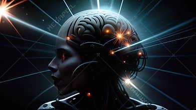 Cyborg female humanoid with a brain illuminated. Generative AI