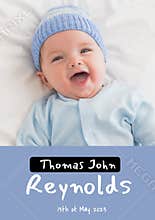 Composition of thomas john reynolds text with birth date over caucasian baby on blue background