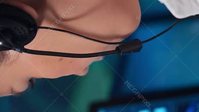 Workplace of the air traffic controllers in the control tower. Team of professional aircraft control officers works