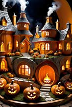 A pumpkin village with cheerful pumpkins, smoke curling from the chimneys, horor cute scenery, t-shirt prints