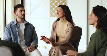 Business coach make speech, provide information, teach young interns