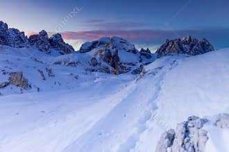 Dolomites landscape in winter at sunset
