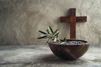 Ash Wednesday, faith, liturgy, religious ceremony background. Wooden cross, ceremonial dish with ash and olive branch on
