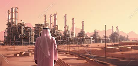 arab man in the desert looking at an oil field
