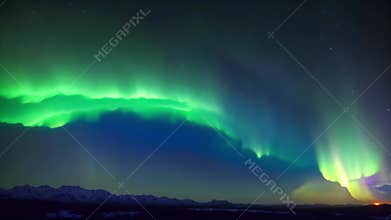 a spectacular display of a green and purple aurora borealis dancing across the night sky, A dramatic portrayal of the Southern
