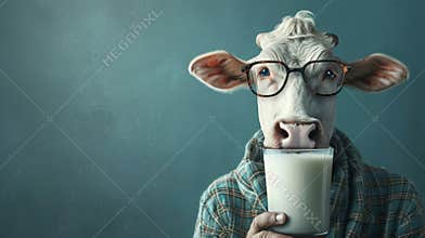 A cow wearing glasses and a sweater drinking milk, AI