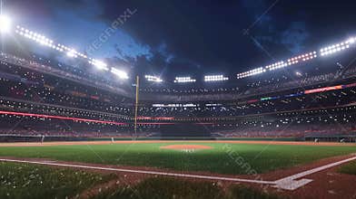 Low wide angle view of a baseball Stadium at night before a match