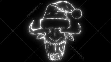 white silhouette of bull with bangs in a Santa s hat on black background