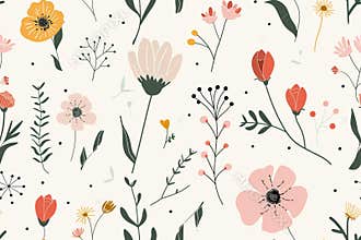 Watercolor floral seamless pattern in vintage rustic style. Print with abstract flowers, leaves, and plants